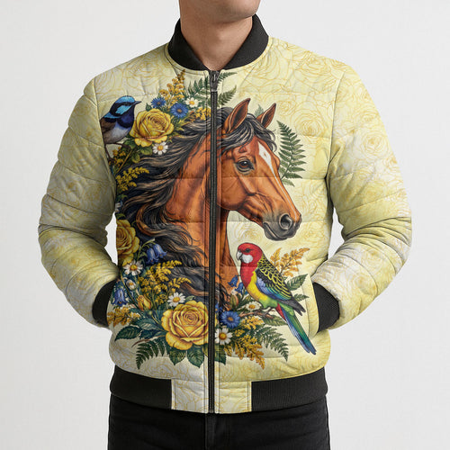 Melbourne Horse Yellow Rose Wreath Bomber Puffer Jacket Aussie Blue Wren and Rosella Parrot