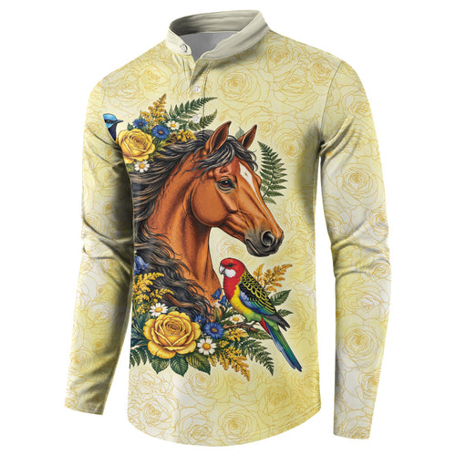 Melbourne Horse Yellow Rose Wreath Button Sweatshirt Aussie Blue Wren and Rosella Parrot