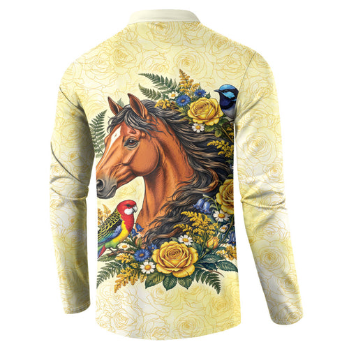 Melbourne Horse Yellow Rose Wreath Button Sweatshirt Aussie Blue Wren and Rosella Parrot