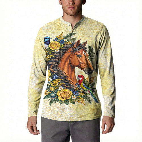 Melbourne Horse Yellow Rose Wreath Button Sweatshirt Aussie Blue Wren and Rosella Parrot