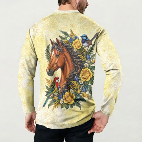 Melbourne Horse Yellow Rose Wreath Button Sweatshirt Aussie Blue Wren and Rosella Parrot