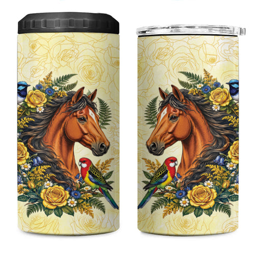 Melbourne Horse Yellow Rose Wreath 4 in 1 Can Cooler Tumbler Aussie Blue Wren and Rosella Parrot