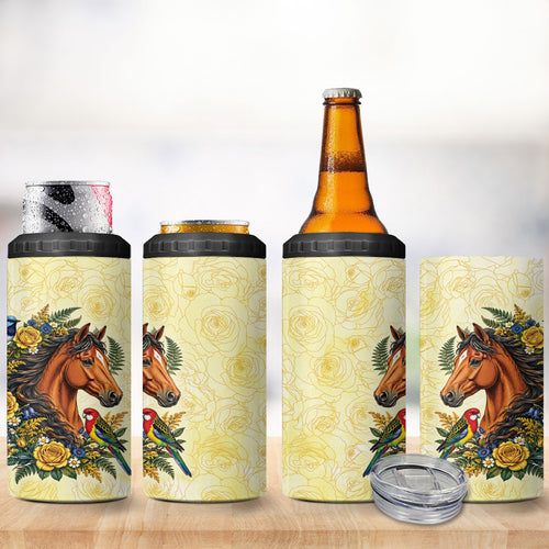 Melbourne Horse Yellow Rose Wreath 4 in 1 Can Cooler Tumbler Aussie Blue Wren and Rosella Parrot