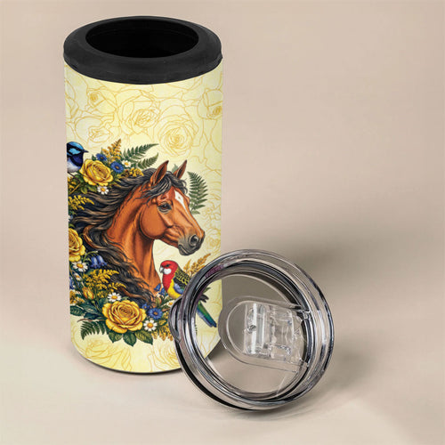 Melbourne Horse Yellow Rose Wreath 4 in 1 Can Cooler Tumbler Aussie Blue Wren and Rosella Parrot