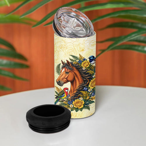 Melbourne Horse Yellow Rose Wreath 4 in 1 Can Cooler Tumbler Aussie Blue Wren and Rosella Parrot