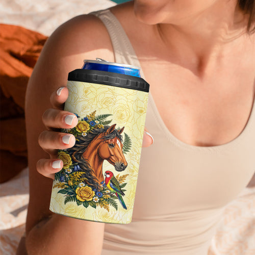 Melbourne Horse Yellow Rose Wreath 4 in 1 Can Cooler Tumbler Aussie Blue Wren and Rosella Parrot