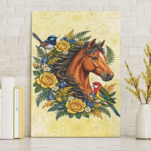 Melbourne Horse Yellow Rose Wreath Canvas Wall Art Aussie Blue Wren and Rosella Parrot