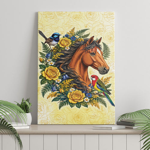 Melbourne Horse Yellow Rose Wreath Canvas Wall Art Aussie Blue Wren and Rosella Parrot