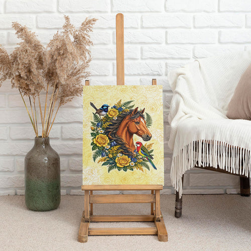 Melbourne Horse Yellow Rose Wreath Canvas Wall Art Aussie Blue Wren and Rosella Parrot