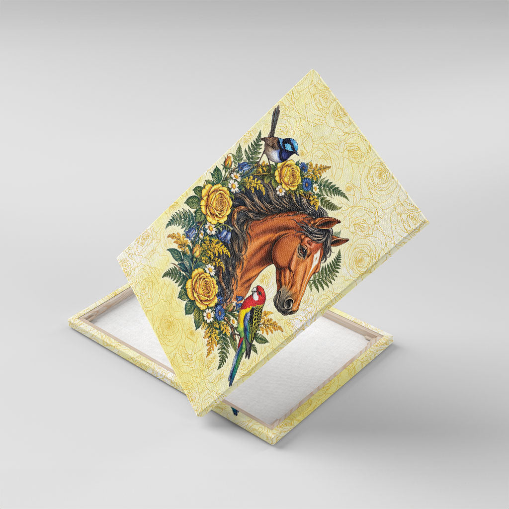 Melbourne Horse Yellow Rose Wreath Canvas Wall Art Aussie Blue Wren and Rosella Parrot