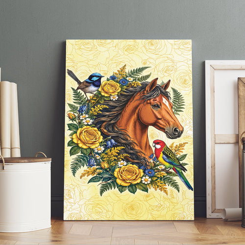 Melbourne Horse Yellow Rose Wreath Canvas Wall Art Aussie Blue Wren and Rosella Parrot