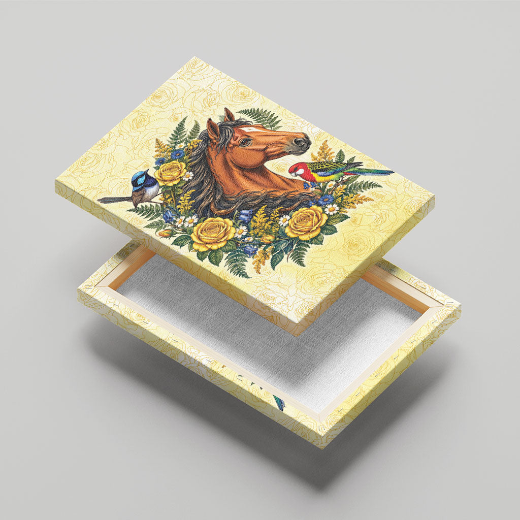 Melbourne Horse Yellow Rose Wreath Canvas Wall Art Aussie Blue Wren and Rosella Parrot