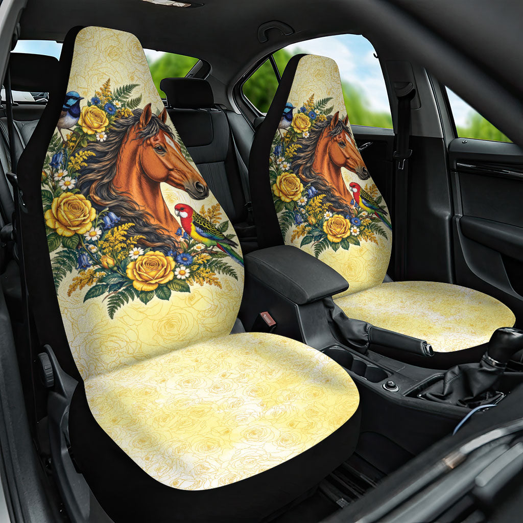 Melbourne Horse Yellow Rose Wreath Car Seat Cover Aussie Blue Wren and Rosella Parrot