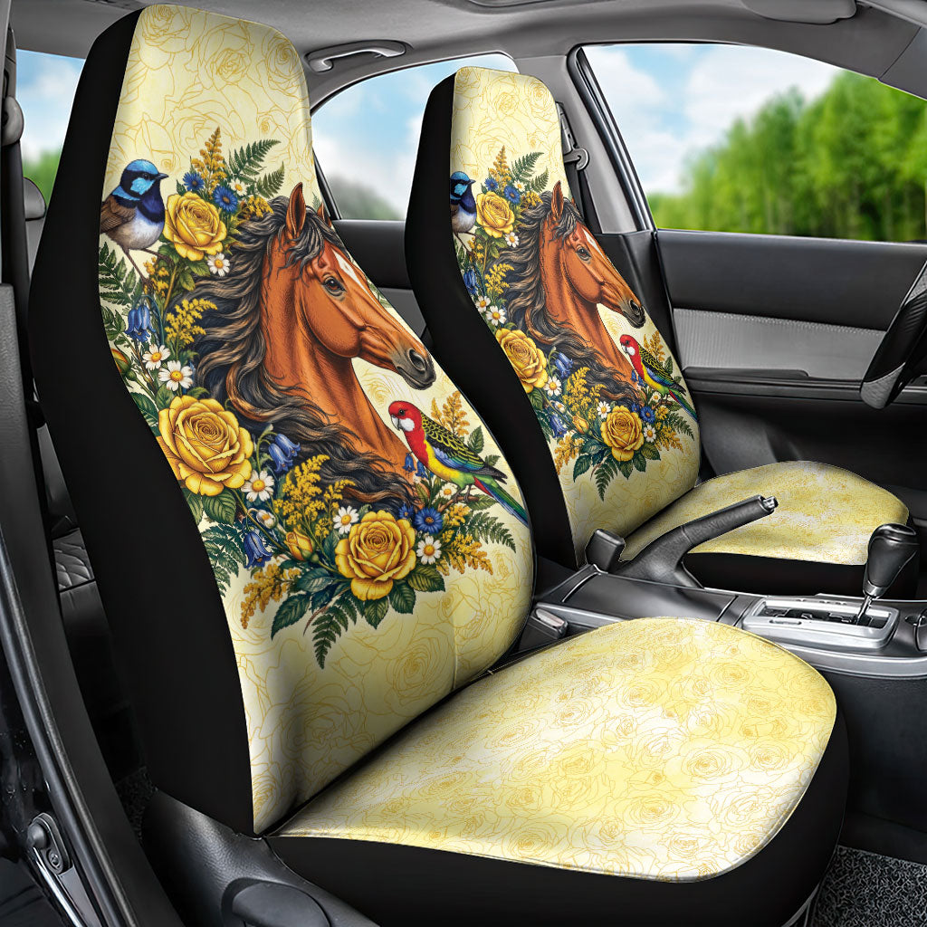 Melbourne Horse Yellow Rose Wreath Car Seat Cover Aussie Blue Wren and Rosella Parrot