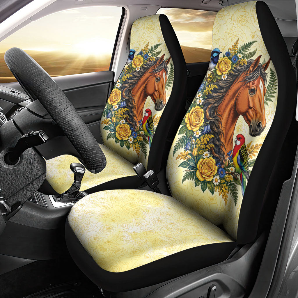 Melbourne Horse Yellow Rose Wreath Car Seat Cover Aussie Blue Wren and Rosella Parrot