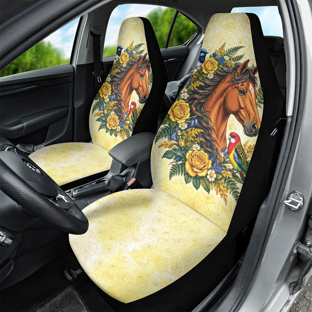 Melbourne Horse Yellow Rose Wreath Car Seat Cover Aussie Blue Wren and Rosella Parrot