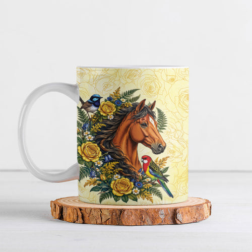 Melbourne Horse Yellow Rose Wreath Ceramic Mug Aussie Blue Wren and Rosella Parrot