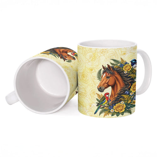 Melbourne Horse Yellow Rose Wreath Ceramic Mug Aussie Blue Wren and Rosella Parrot