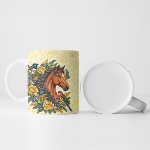 Melbourne Horse Yellow Rose Wreath Ceramic Mug Aussie Blue Wren and Rosella Parrot