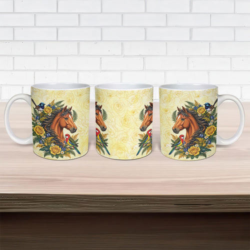 Melbourne Horse Yellow Rose Wreath Ceramic Mug Aussie Blue Wren and Rosella Parrot