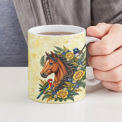 Melbourne Horse Yellow Rose Wreath Ceramic Mug Aussie Blue Wren and Rosella Parrot