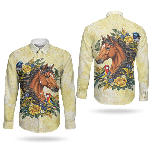 Melbourne Horse Yellow Rose Wreath Couples Matching Off Shoulder Short Dress and Long Sleeve Button Shirt Aussie Blue Wren and Rosella Parrot