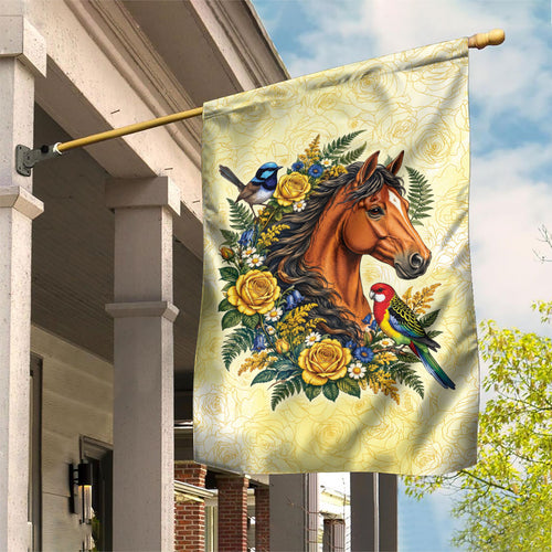 Melbourne Horse Yellow Rose Wreath Garden Flag Aussie Blue Wren and Rosella Parrot