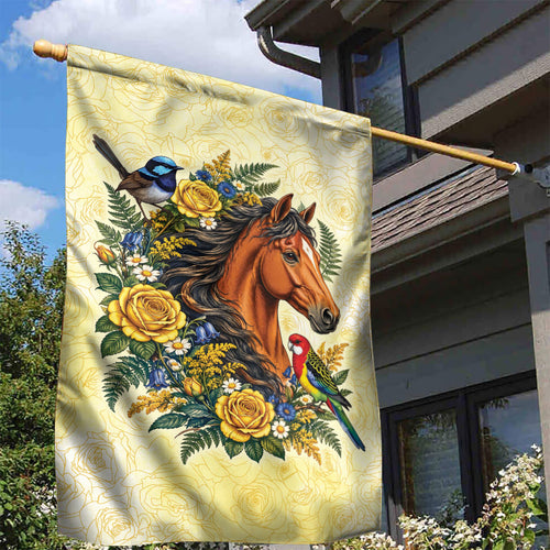 Melbourne Horse Yellow Rose Wreath Garden Flag Aussie Blue Wren and Rosella Parrot