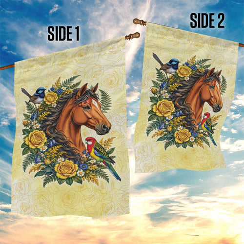 Melbourne Horse Yellow Rose Wreath Garden Flag Aussie Blue Wren and Rosella Parrot