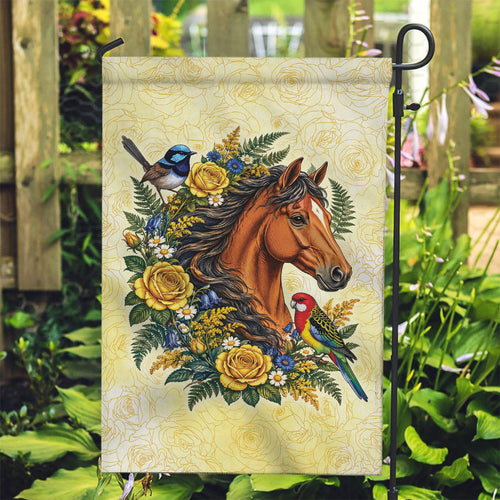 Melbourne Horse Yellow Rose Wreath Garden Flag Aussie Blue Wren and Rosella Parrot