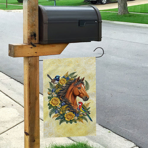Melbourne Horse Yellow Rose Wreath Garden Flag Aussie Blue Wren and Rosella Parrot