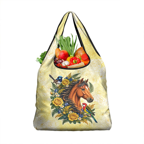Melbourne Horse Yellow Rose Wreath Grocery Bag Aussie Blue Wren and Rosella Parrot