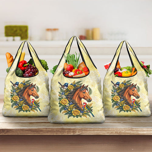 Melbourne Horse Yellow Rose Wreath Grocery Bag Aussie Blue Wren and Rosella Parrot
