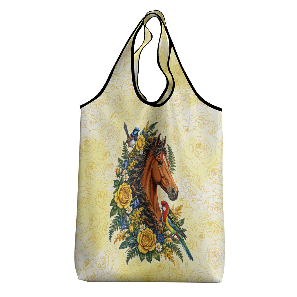 Melbourne Horse Yellow Rose Wreath Grocery Bag Aussie Blue Wren and Rosella Parrot