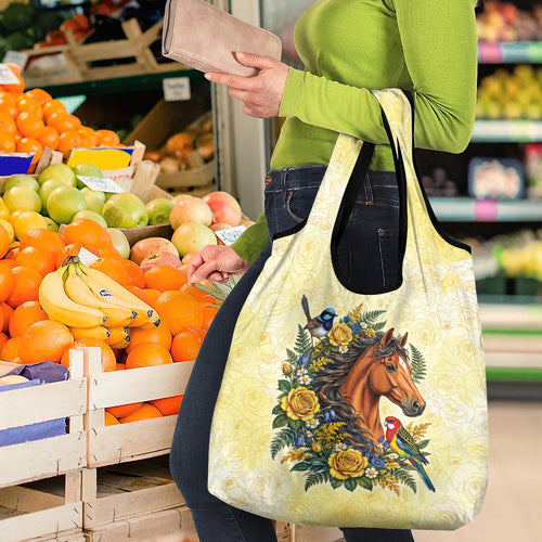 Melbourne Horse Yellow Rose Wreath Grocery Bag Aussie Blue Wren and Rosella Parrot
