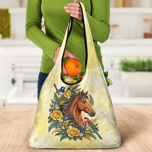 Melbourne Horse Yellow Rose Wreath Grocery Bag Aussie Blue Wren and Rosella Parrot