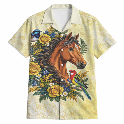 Melbourne Horse Yellow Rose Wreath Hawaiian Shirt Aussie Blue Wren and Rosella Parrot