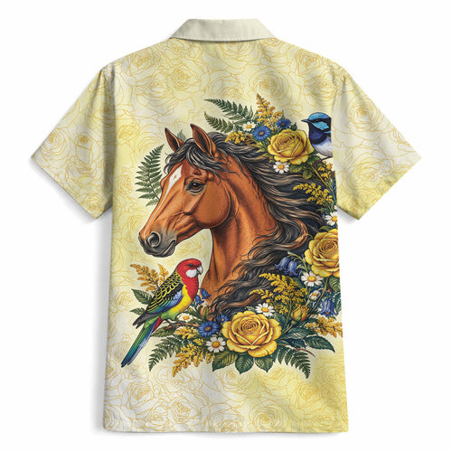 Melbourne Horse Yellow Rose Wreath Hawaiian Shirt Aussie Blue Wren and Rosella Parrot