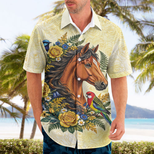 Melbourne Horse Yellow Rose Wreath Hawaiian Shirt Aussie Blue Wren and Rosella Parrot
