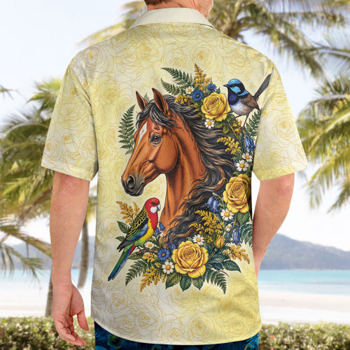 Melbourne Horse Yellow Rose Wreath Hawaiian Shirt Aussie Blue Wren and Rosella Parrot