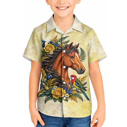 Melbourne Horse Yellow Rose Wreath Hawaiian Shirt Aussie Blue Wren and Rosella Parrot