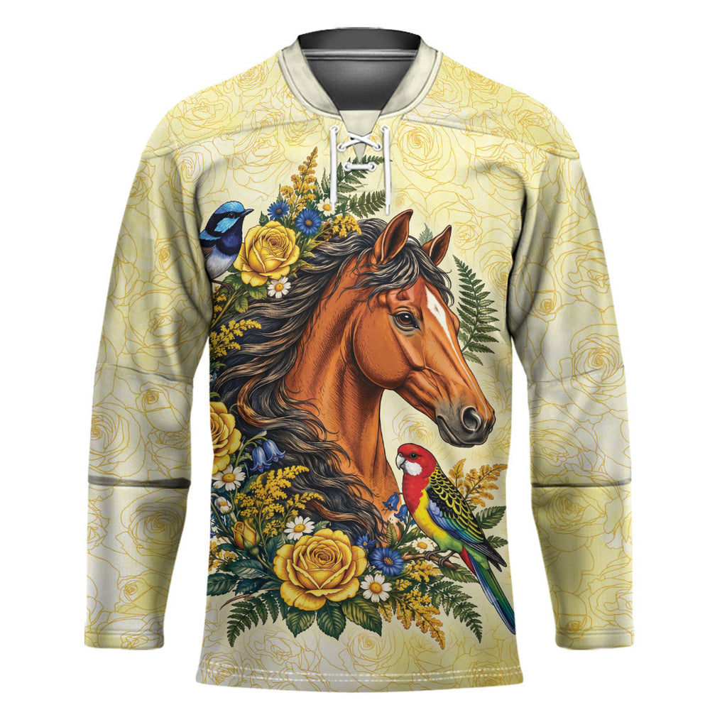Melbourne Horse Yellow Rose Wreath Hockey Jersey Aussie Blue Wren and Rosella Parrot