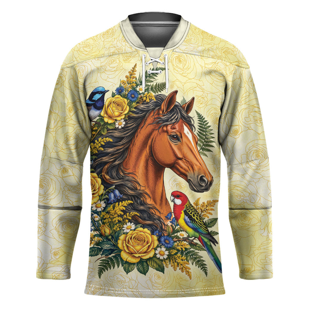 Melbourne Horse Yellow Rose Wreath Hockey Jersey Aussie Blue Wren and Rosella Parrot