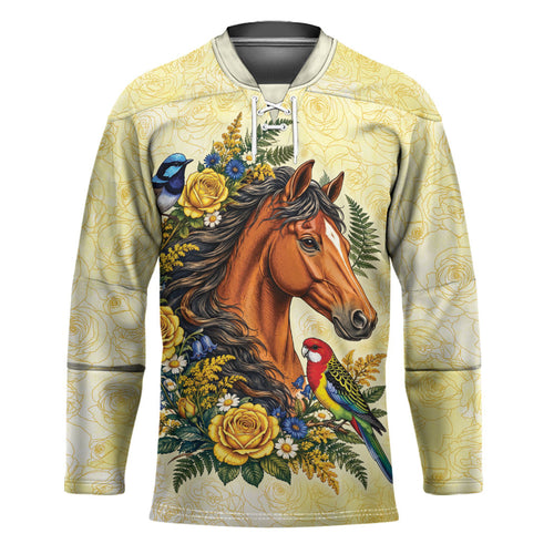 Melbourne Horse Yellow Rose Wreath Hockey Jersey Aussie Blue Wren and Rosella Parrot