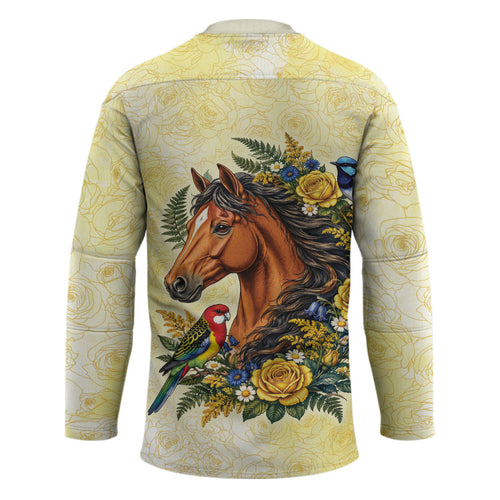 Melbourne Horse Yellow Rose Wreath Hockey Jersey Aussie Blue Wren and Rosella Parrot