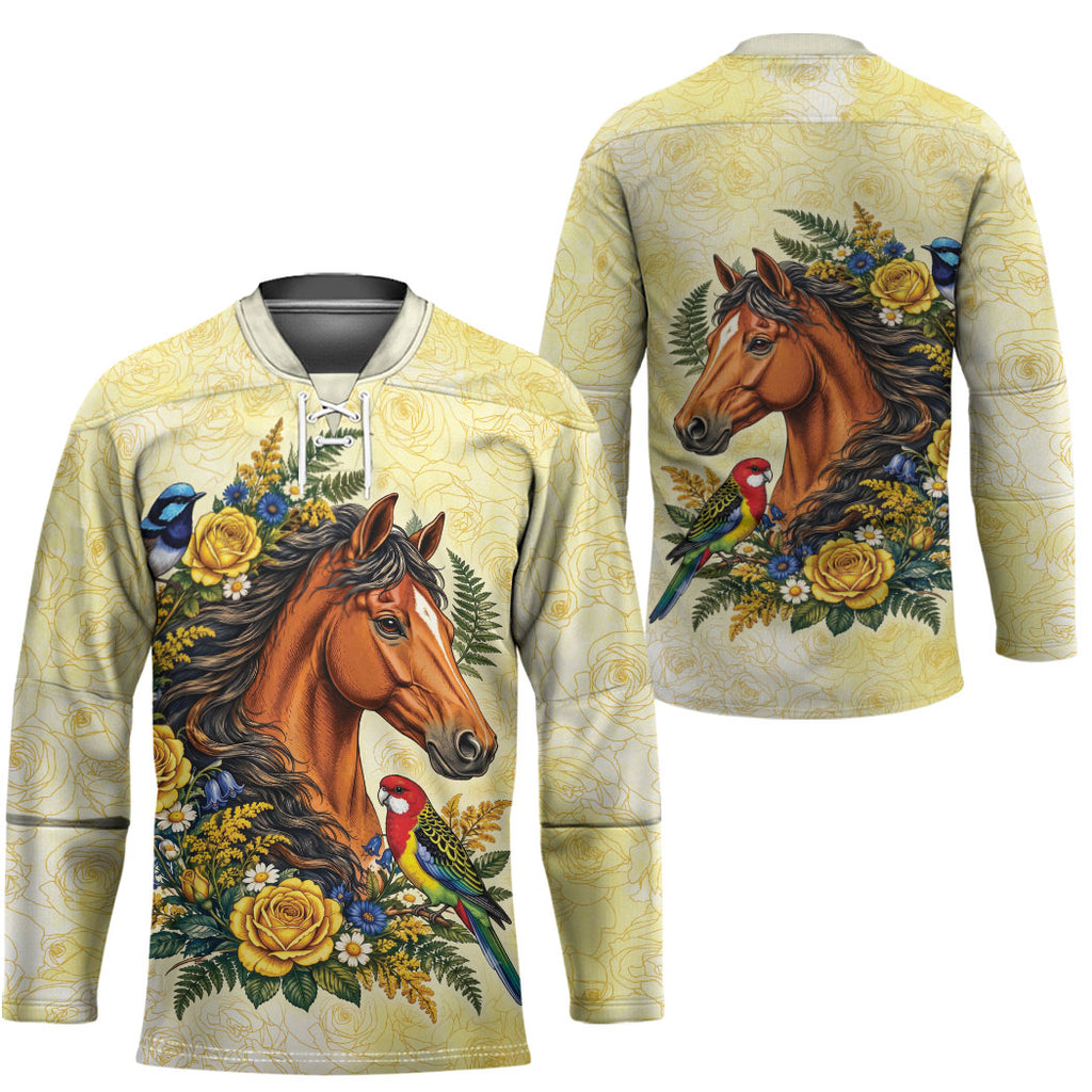 Melbourne Horse Yellow Rose Wreath Hockey Jersey Aussie Blue Wren and Rosella Parrot