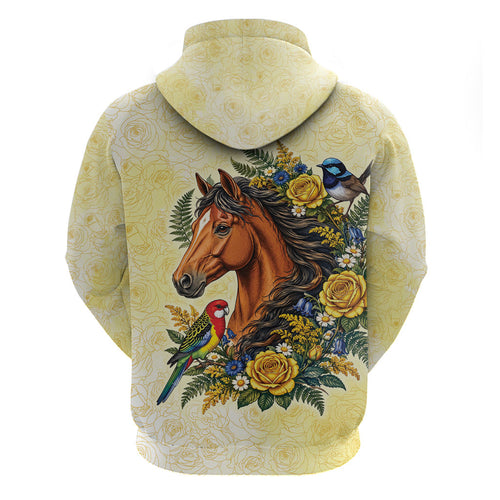Melbourne Horse Yellow Rose Wreath Hoodie Aussie Blue Wren and Rosella Parrot