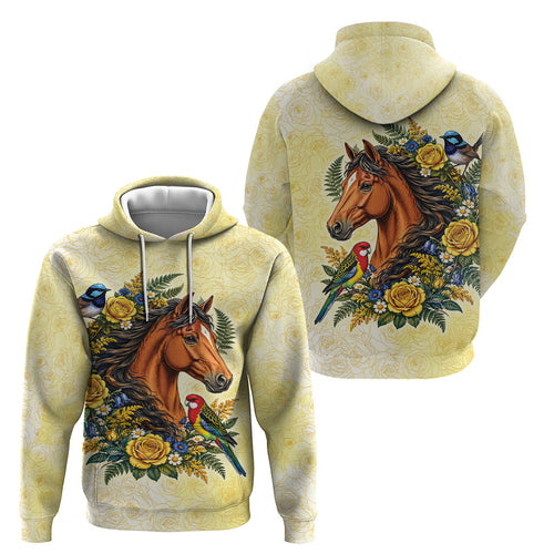 Melbourne Horse Yellow Rose Wreath Hoodie Aussie Blue Wren and Rosella Parrot