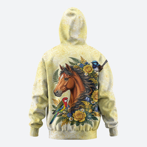 Melbourne Horse Yellow Rose Wreath Hoodie Aussie Blue Wren and Rosella Parrot