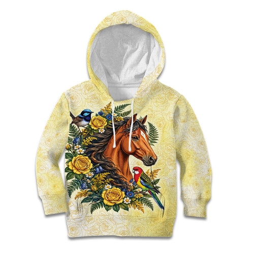 Melbourne Horse Yellow Rose Wreath Kid Hoodie Aussie Blue Wren and Rosella Parrot